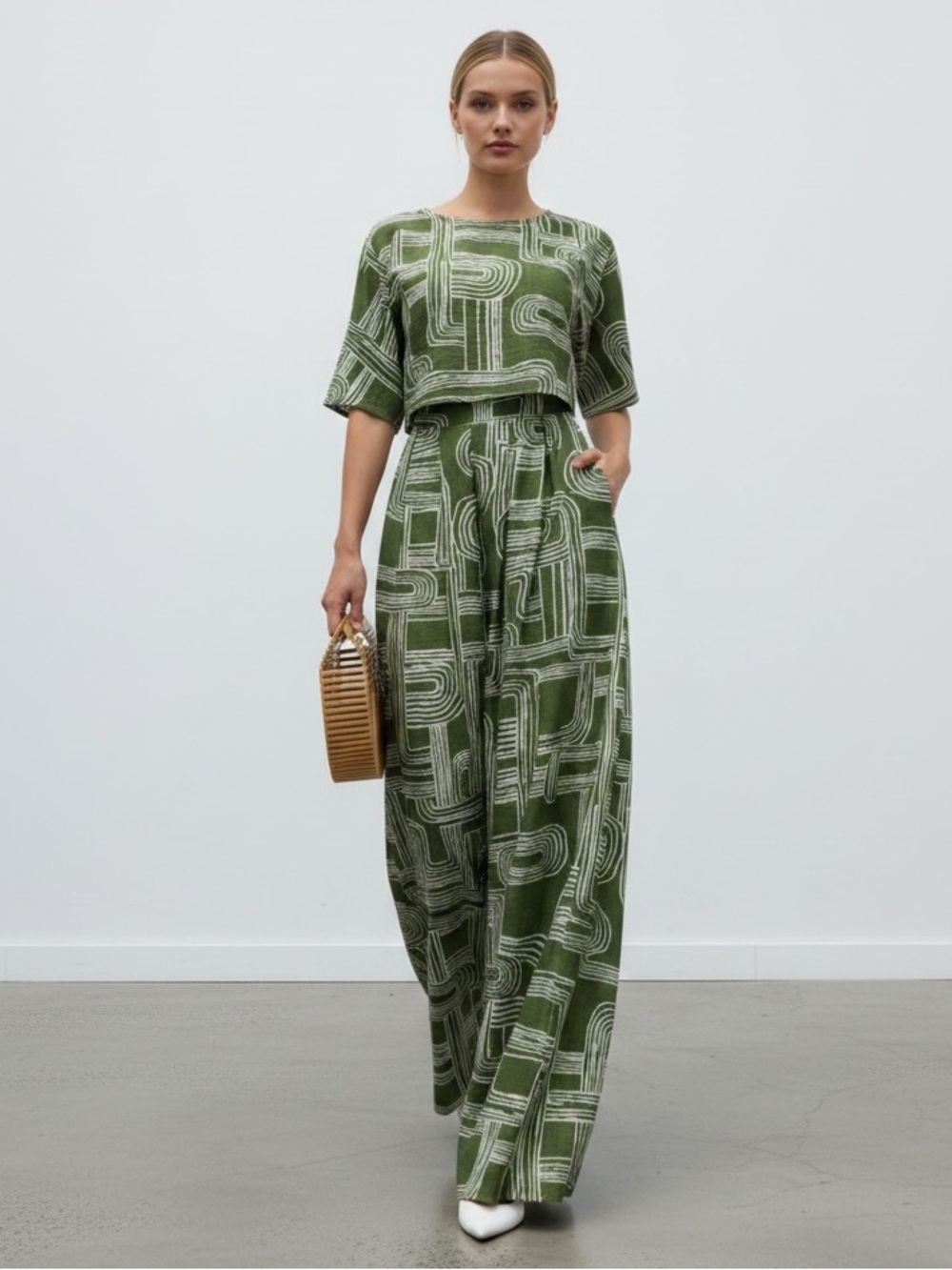 Olive Geometric Wide-Leg Jumpsuit